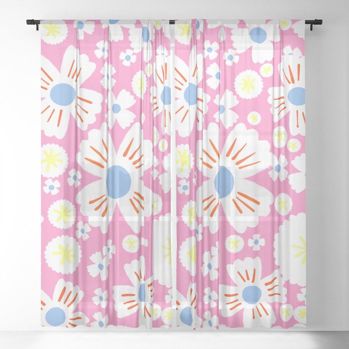 Cheerful Modern Daisy Flowers Blue and Pink Spring 2024 Daisies Girlie Garden Floral Ditzy Pattern Sheer Curtain