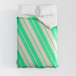 [ Thumbnail: Green and Beige Colored Striped/Lined Pattern Comforter ]