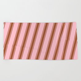 [ Thumbnail: Pink and Sienna Colored Pattern of Stripes Beach Towel ]