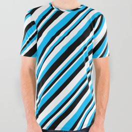 [ Thumbnail: Deep Sky Blue, Black, and White Colored Lined Pattern All Over Graphic Tee ]