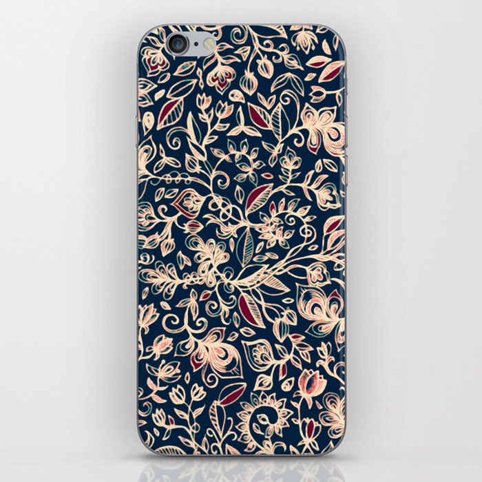 Navy Garden - floral doodle pattern in cream, dark red & blue iPhone Skin