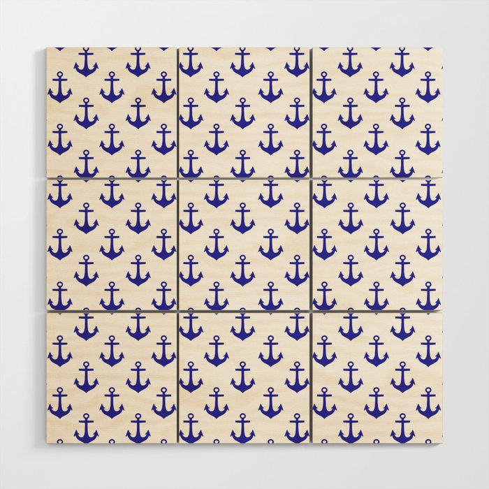 Anchors (Navy Blue & White Pattern) Wood Wall Art