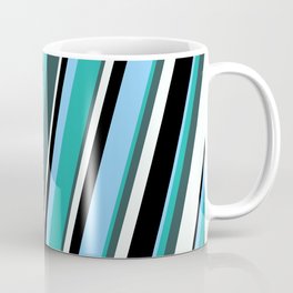 [ Thumbnail: Light Sky Blue, Light Sea Green, Dark Slate Gray, Mint Cream, and Black Colored Pattern of Stripes Coffee Mug ]
