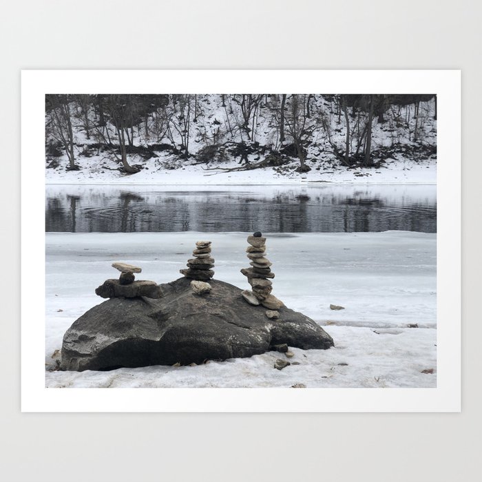 Stack of rocks on a river in winter, Minneapolis photography series, no. 2 Art Print