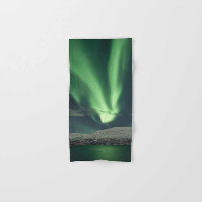 Northern Lights in the Lyngen Alps | Aurora Borealis Show in Norway Art Print | Mountain Travel Photography Hand & Bath Towel
