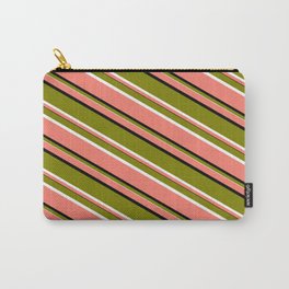 [ Thumbnail: Salmon, Black, Green, and White Colored Lines Pattern Carry-All Pouch ]