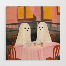 two cute ghosts in a romantic date in a restaurant Wood Wall Art