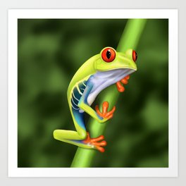 Tree Frog Art Print | Green, Reptile, Orange, Branch, Digital, Hues, Rainforest, Wildlife, Animal, Tree 
