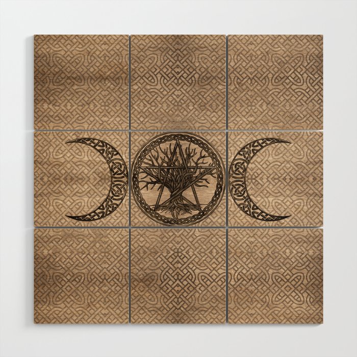 Triple Moon with pentagram and tree of life Wood Wall Art