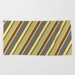 [ Thumbnail: Dim Grey, Brown, Dark Khaki, and Tan Colored Lined/Striped Pattern Beach Towel ]