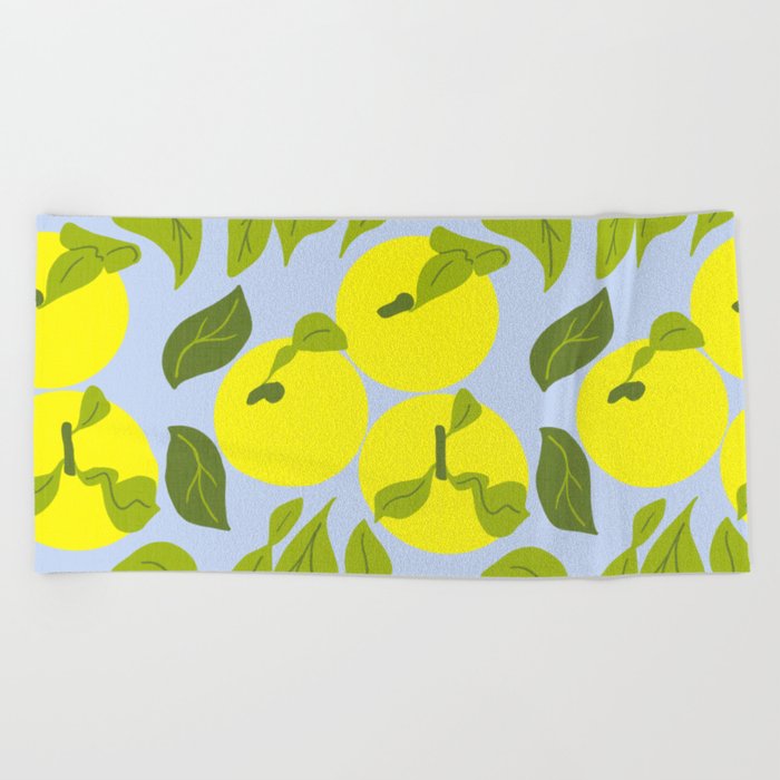 Retro Modern Bright Lemon Yellow Yuzu Tropical Fruit And Foliage On Sky Blue Botanical Pattern Beach Towel