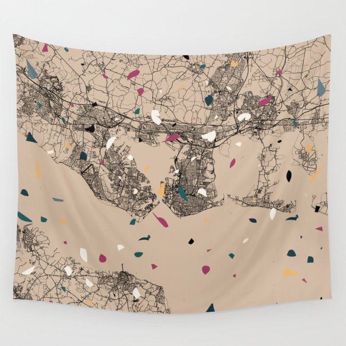 England, Portsmouth - Terrazzo Map Illustrated Wall Tapestry