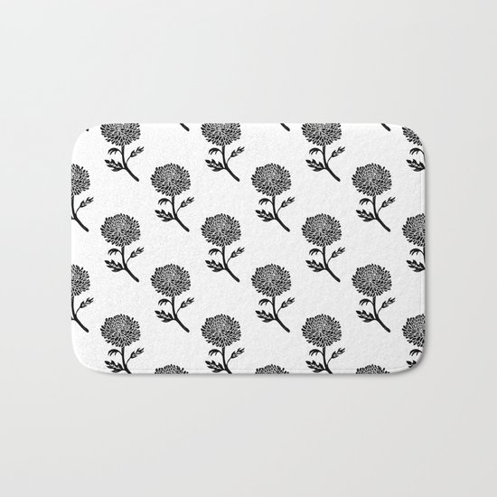 Linocut chrysanthemum floral flowers black and white scandi scandinavian Bath Mat
