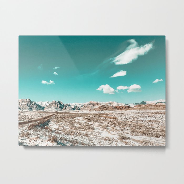 Vintage Desert Clouds // Teal Blue Skyline Mountain Range in the Mojave after a Snow Storm Metal Print