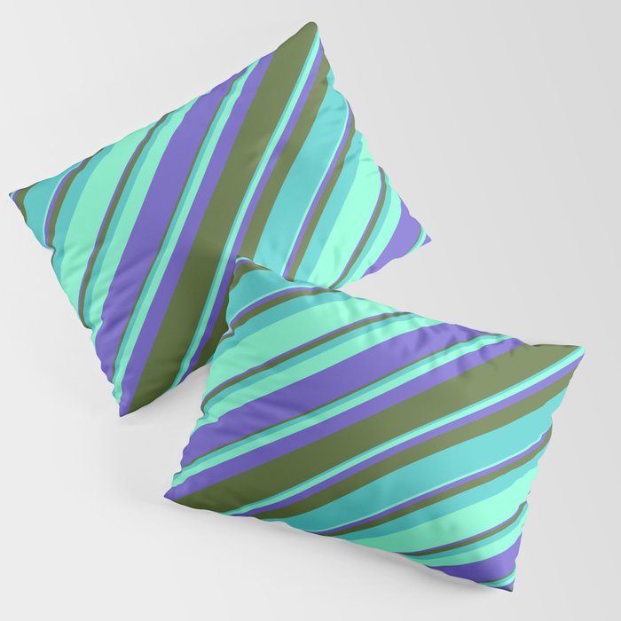 Aquamarine, Slate Blue, Dark Olive Green, and Turquoise Colored Lines Pattern Pillow Sham