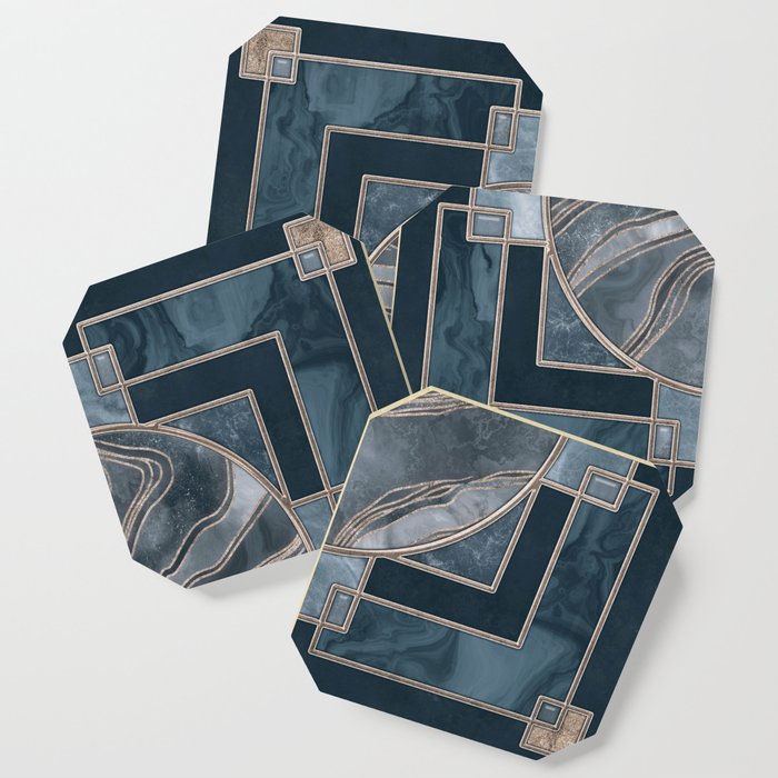 Stained Glass Art Deco Design Navy Blue And Gold Coaster