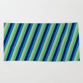 [ Thumbnail: Vibrant Dark Khaki, Sea Green, Dark Blue, Teal & Aquamarine Colored Striped Pattern Beach Towel ]