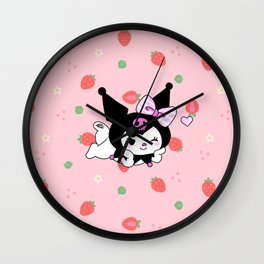 Cat Kuromi Strawberry Heart Wall Clock | Bow, Cottagecore, Drawing, Fruit, Pattern, Japan, Cat, Kawaii, Berries, Cute 