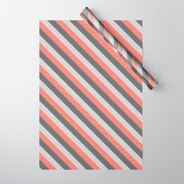 [ Thumbnail: Salmon, Dim Grey & Light Gray Colored Striped Pattern Wrapping Paper ]