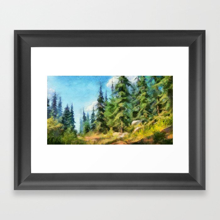 Forest glade. Spruces on the hill Framed Art Print