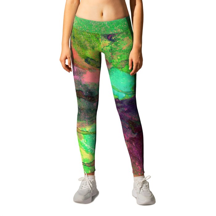 African Dye - Colorful Ink Paint Abstract Ethnic Tribal Organic Shape Art Magenta Green Leggings