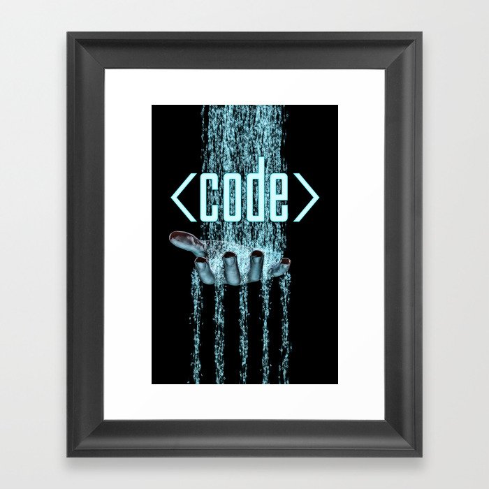 Code / 3D render of binary data flowing on to human hand Framed Art Print