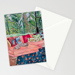 Napping Brown Tabby Cat on Pink Couch with Jungle Background Painting After Matisse Stationery Card