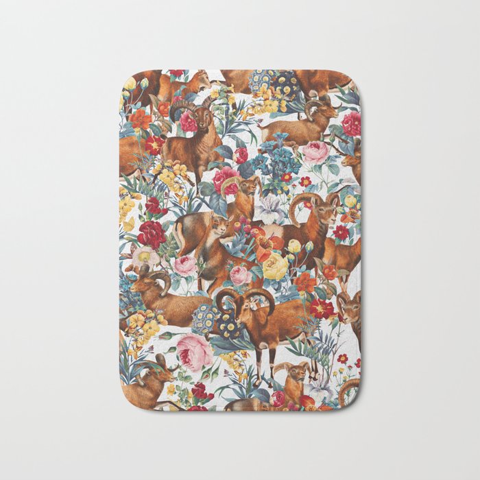 Capra Cylindricornis and Floral Pattern Bath Mat