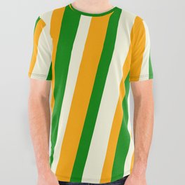 [ Thumbnail: Beige, Orange & Green Colored Lined/Striped Pattern All Over Graphic Tee ]