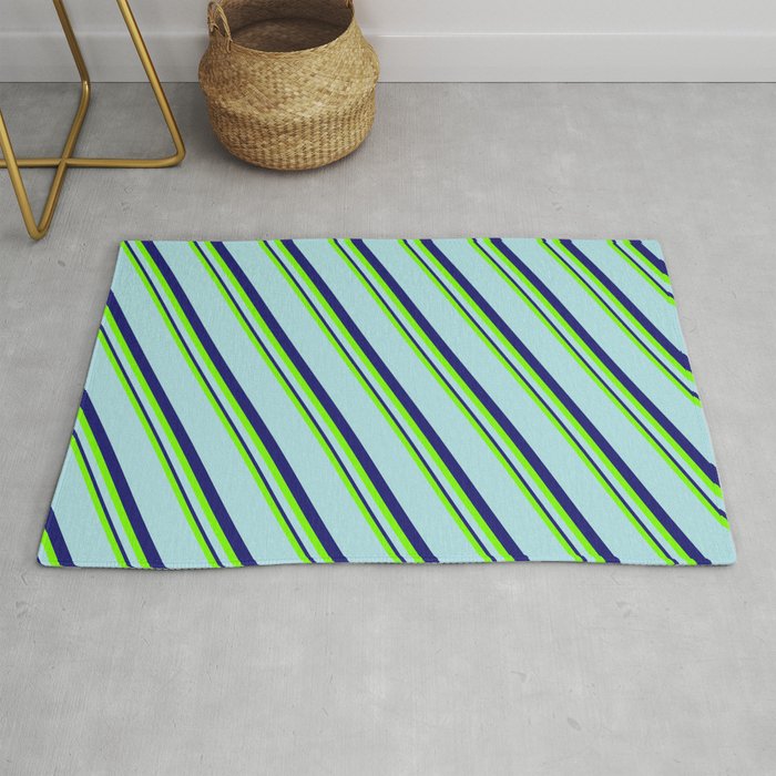Green, Powder Blue, and Midnight Blue Colored Pattern of Stripes Rug