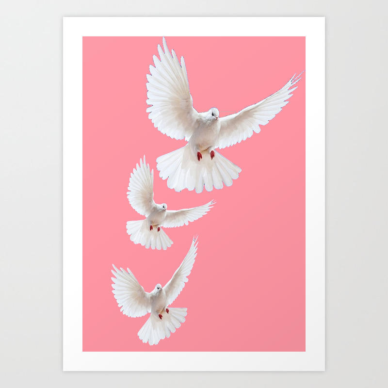 Three White Doves Flying In Coral Pink Sky Art Design Art Print By Sharlesart Society6