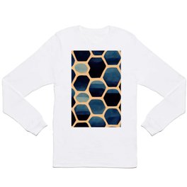 Indigo shapes on a honeycomb background, relaxing repeating pattern, orthogonal,geometric. Long Sleeve T-shirt