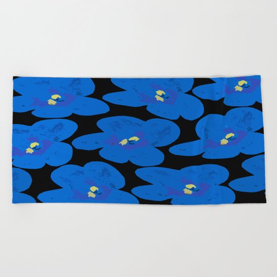 Blue Retro Flowers on Black Background Beach Towel