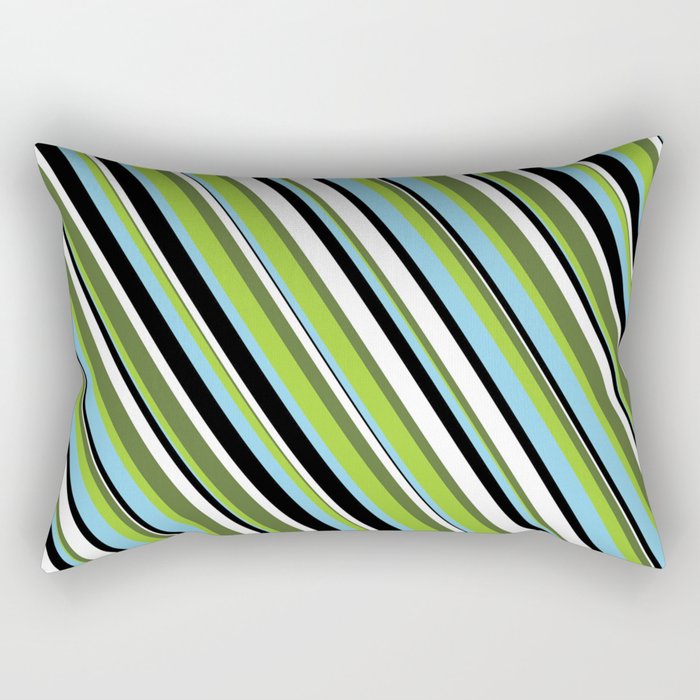 Eye-catching Dark Olive Green, Green, Sky Blue, Black & White Colored Stripes/Lines Pattern Rectangular Pillow