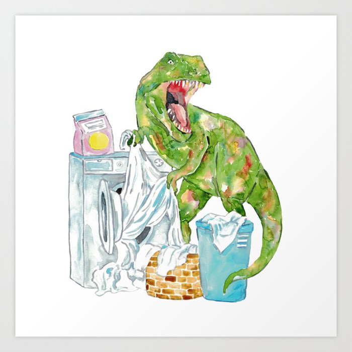 T-rex laundry dinosaur painting watercolour Art Print
