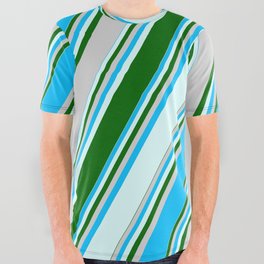 [ Thumbnail: Deep Sky Blue, Light Cyan, Dark Green & Light Gray Colored Lines Pattern All Over Graphic Tee ]