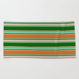 [ Thumbnail: Chocolate, Aquamarine, Dark Green, and Grey Colored Lines Pattern Beach Towel ]