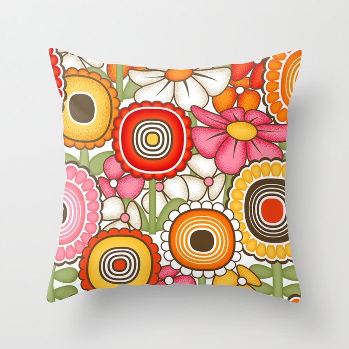 Bright MCM Scandinavian Flower Pattern // Cute Colorful Floral // Red, Pink, Orange, Green, Dark Brown, White Throw Pillow