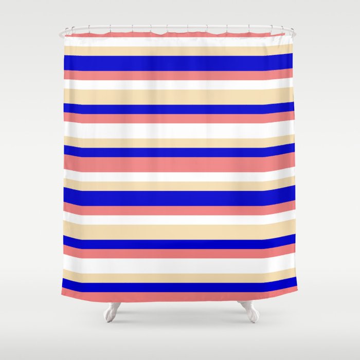 Blue, Light Coral, White & Tan Colored Lined/Striped Pattern Shower Curtain