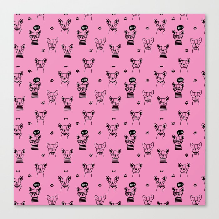 Pink and Black Hand Drawn Dog Puppy Pattern Canvas Print