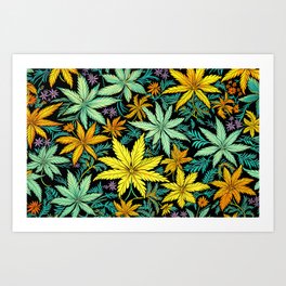 Hemp and Flowers Vintage Retro Pattern in Yellow and Green Art Print