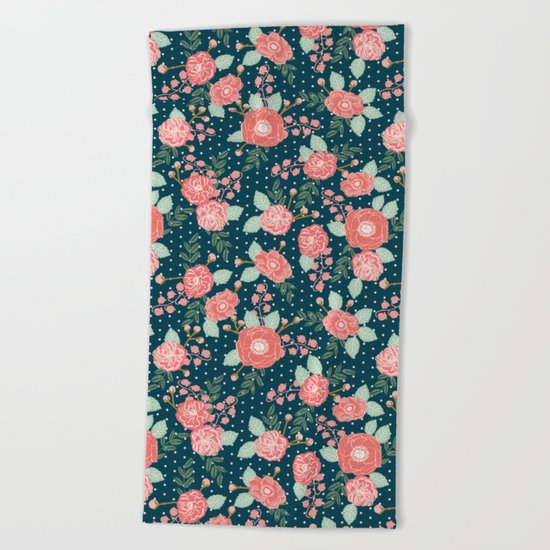 Florals boho modern watercolor blooming blossom garden nature summer spring navy pink white Beach Towel