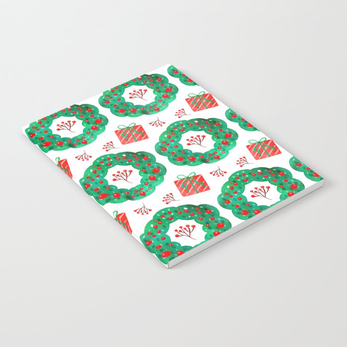 Christmas Pattern Watercolor Wreath Gifts Floral Notebook