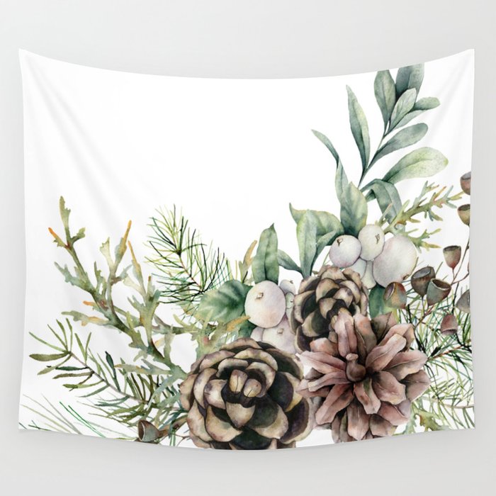 Christmas Pine Bouquet, Watercolor Floral Prints Wall Tapestry