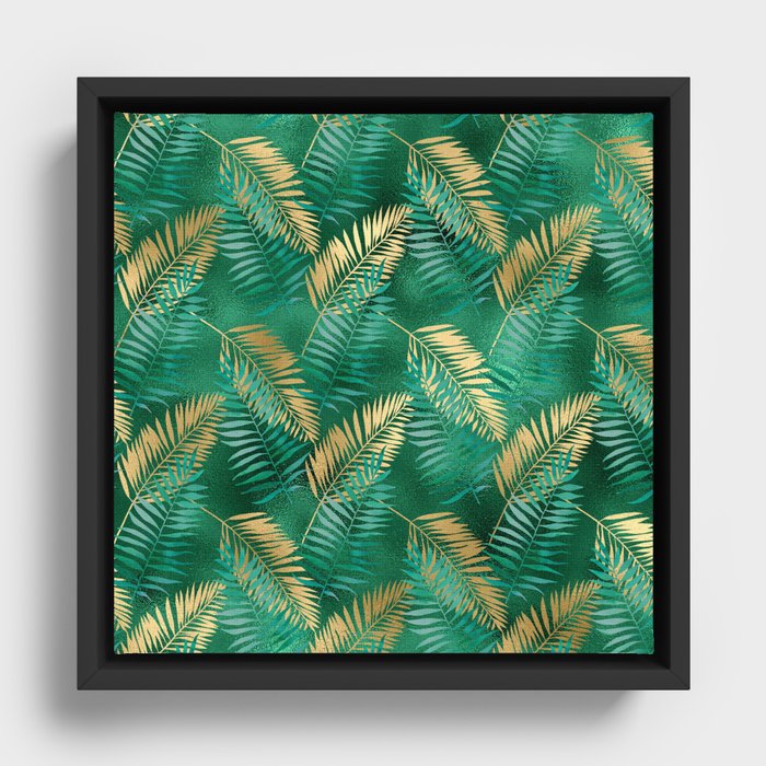 Gold Emerald Green Palm Leaves Pattern Framed Canvas