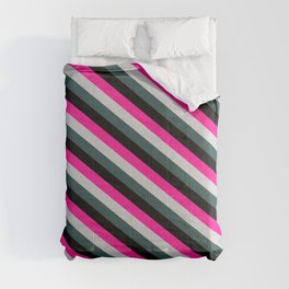 [ Thumbnail: Deep Pink, Light Grey, Dark Slate Gray & Black Colored Lines/Stripes Pattern Comforter ]