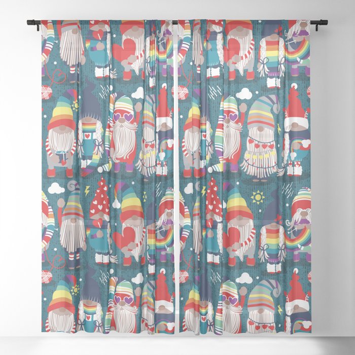 I gnome you // dark teal background little happy and lovely gnomes with rainbows vivid red hearts Sheer Curtain