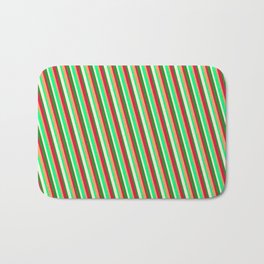 [ Thumbnail: Brown, Green, Beige, Forest Green & Crimson Colored Lined Pattern Bath Mat ]