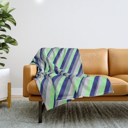 [ Thumbnail: Light Grey, Green, Midnight Blue, and Light Slate Gray Colored Stripes/Lines Pattern Throw Blanket ]