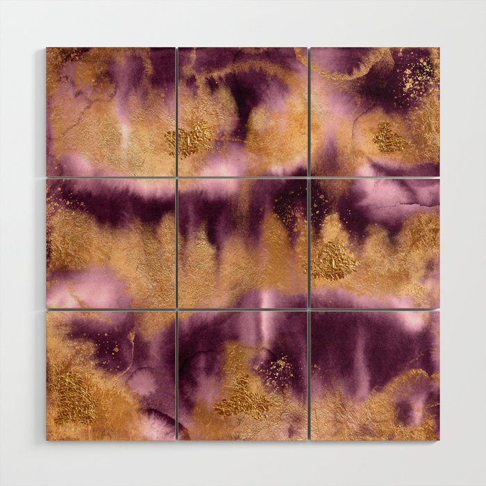 Purple Magenta And Gold Watercolor Texture Wood Wall Art